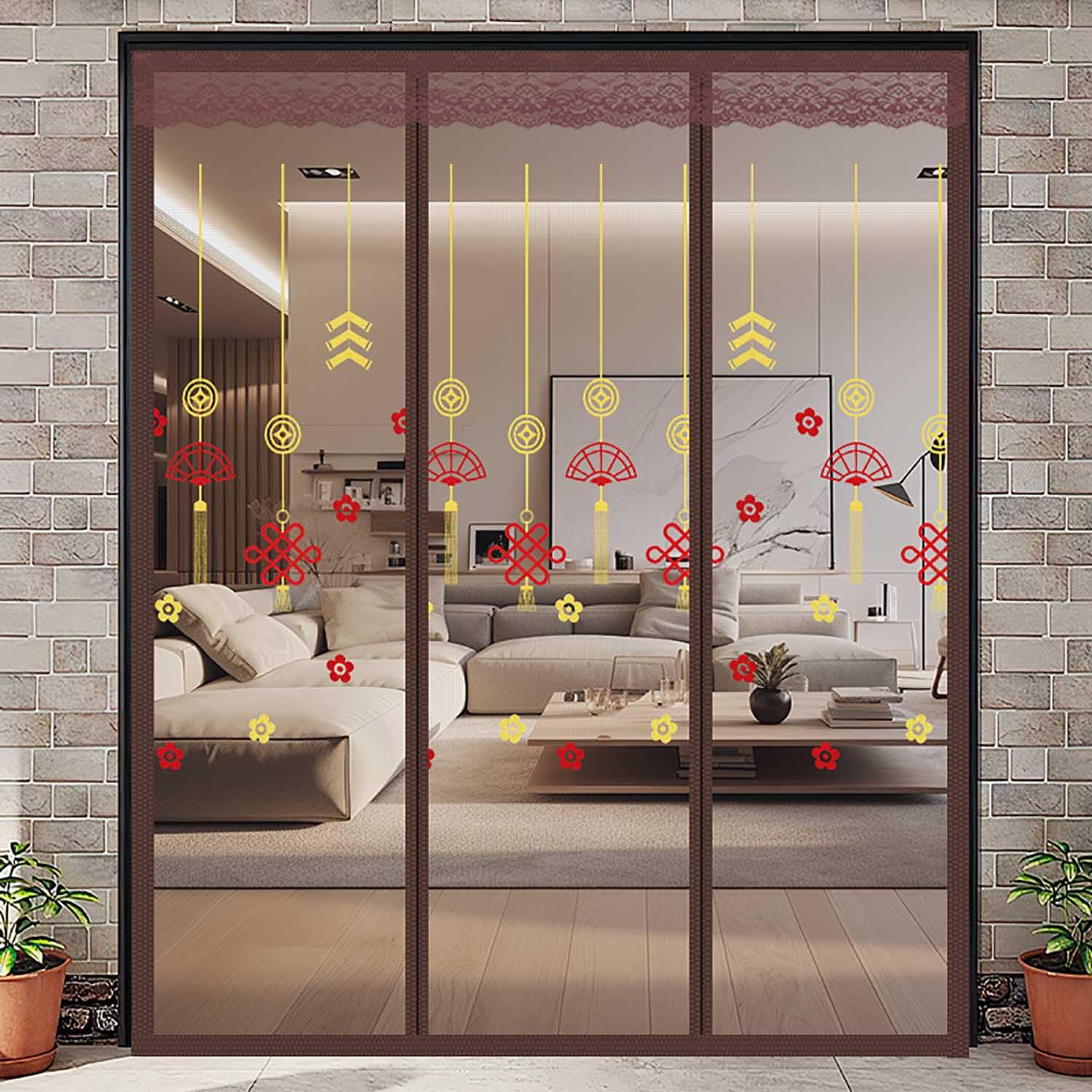 Moustiquaire de porte brodée style chinois 70x200cm à double ouverture magnétique