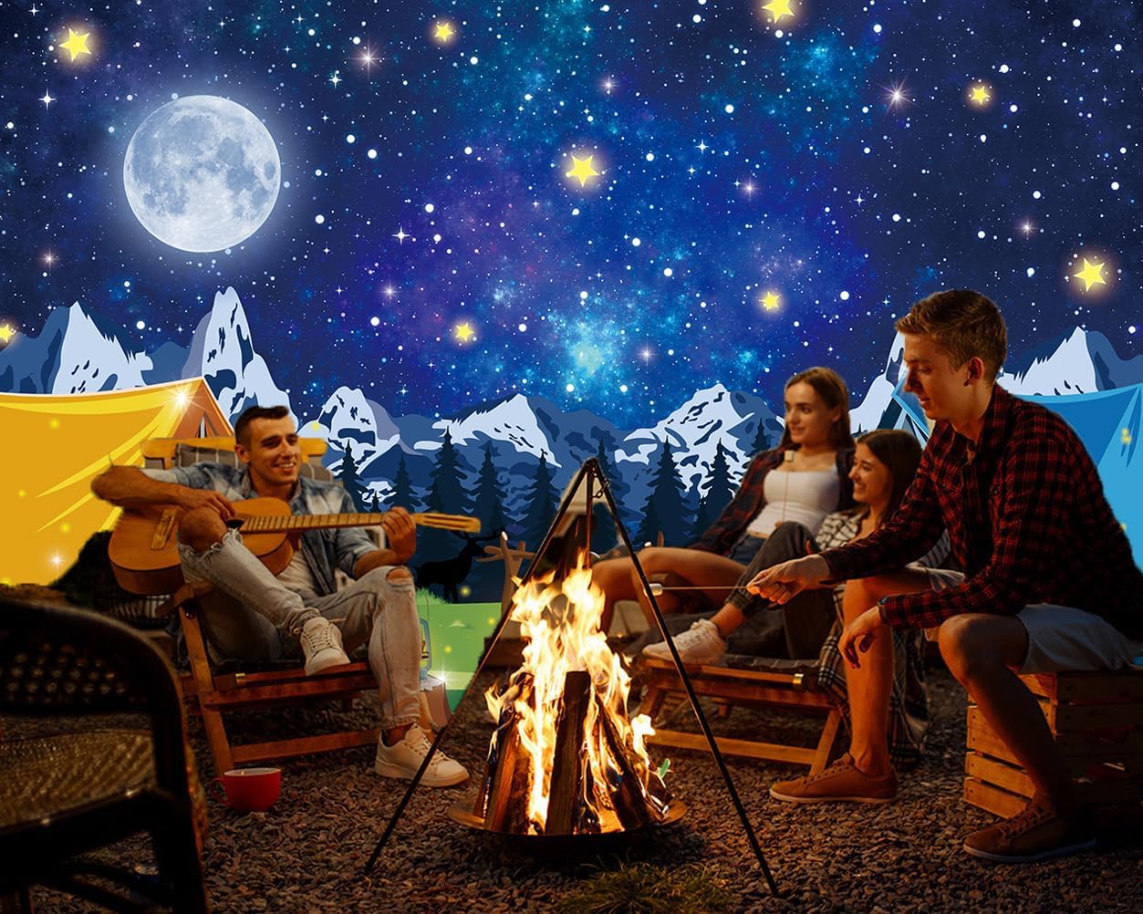 Camping Backdrop Campfire Tent Mountain Forest Night Scene Photography Background Children Adults Outdoor Travel Adventure Birthday Party Decoration Banner Photo Props (7x5FT) image 5