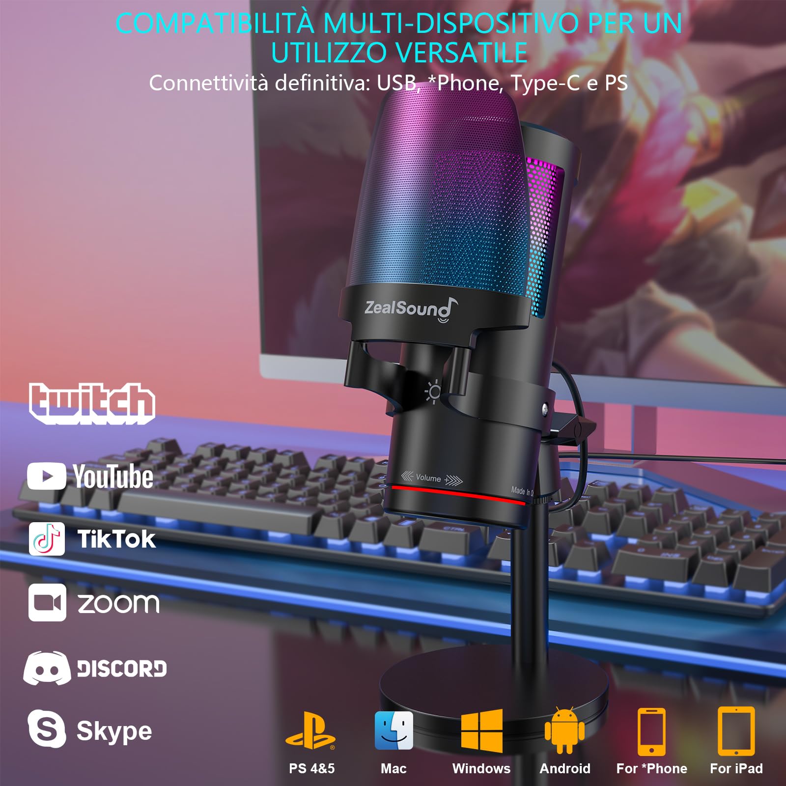ZealSound Microfono USB gaming, microfono condensatore, microfono luce RGB, streaming, guadagno, monitoraggio per streaming, podcast, YouTube, Discord, *Phone, iPad, PC, computer, PS, Mac, GamerWave