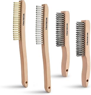 WORKPRO Wire Brush Set, 4Pcs Brass/Stainless/Carbon Steel Bristles Wire Scratch Brushes with Long Curved Beechwood Handle for Rust, Dirt & Paint Scrubbing with Deep Cleaning