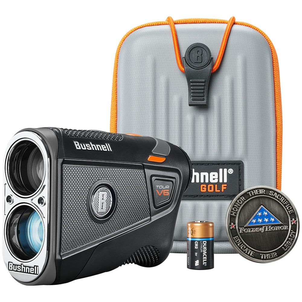 Bushnell Golf Tour V6 Laser Rangefinder Patriot Pack, Visual Jolt Flag Locking, Magnetic Mount, 1300 Yard Range 6X Magnification