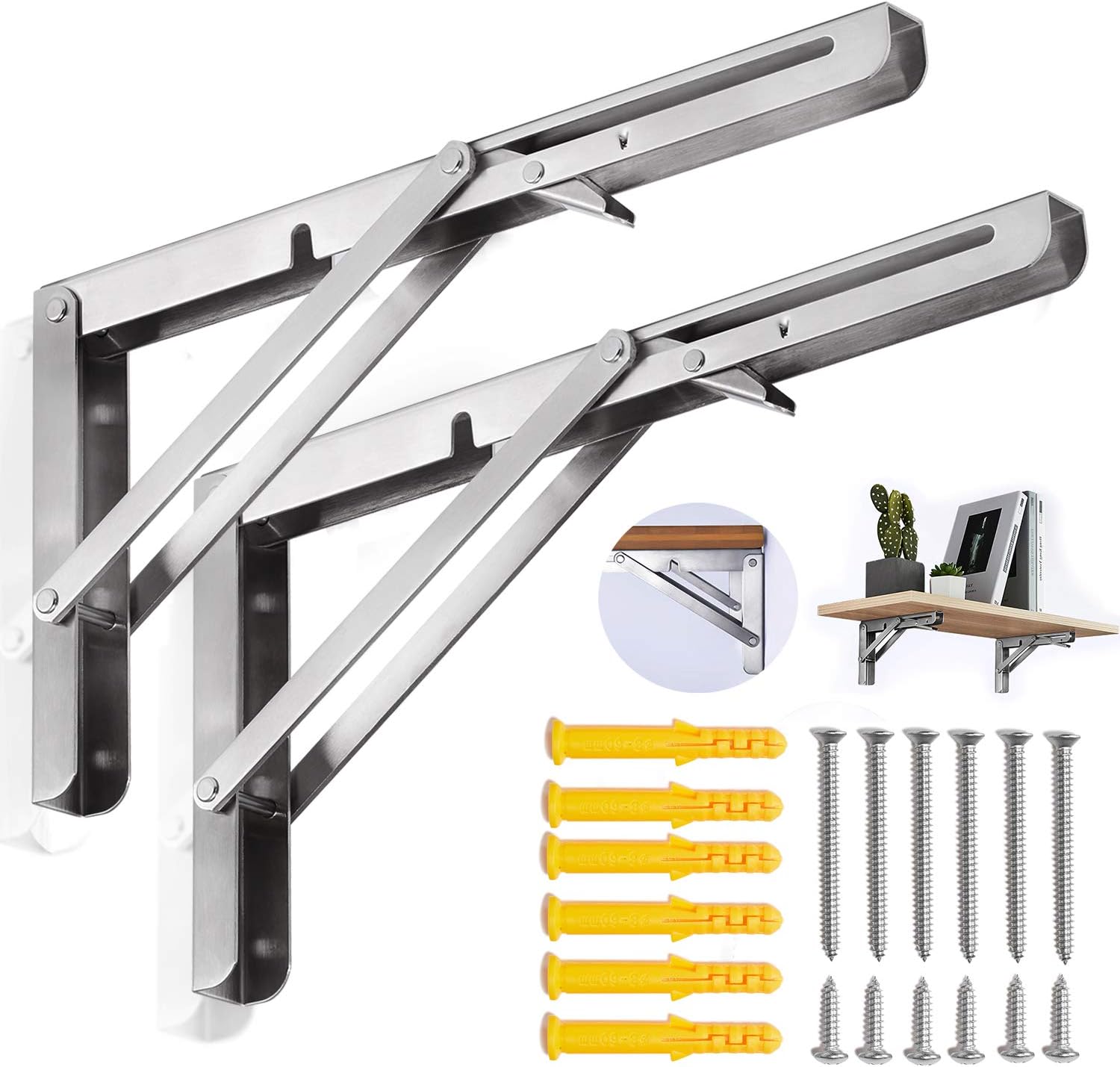 ZOMCHAIN Folding Shelf Brackets 8 inch, Heavy Duty Stainless Steel Collapsible Bracket,Hinge Wall Mounted for Space Saving,Table Work Bench, DIY Bracket, 2PCS