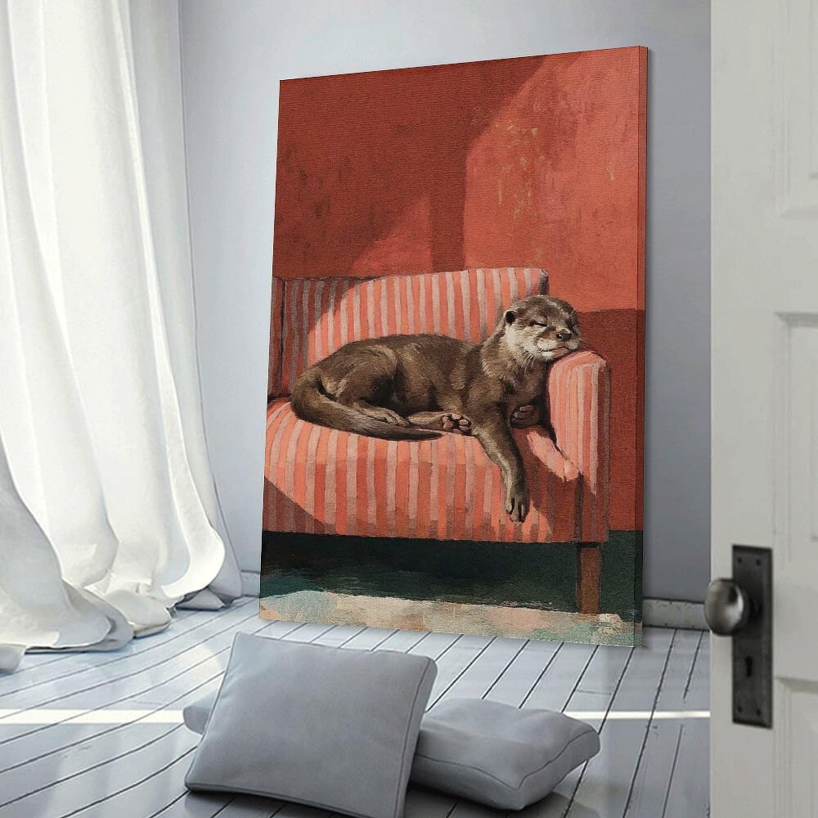 Junmoney Frame-Style-20-1 Canvas Wall Picture Sleeping Otter On Striped Couch, 24X36inch(60X90cm), For Home Lounge, Bedroom Or Reading Nook, A Home Accent With Warm Character