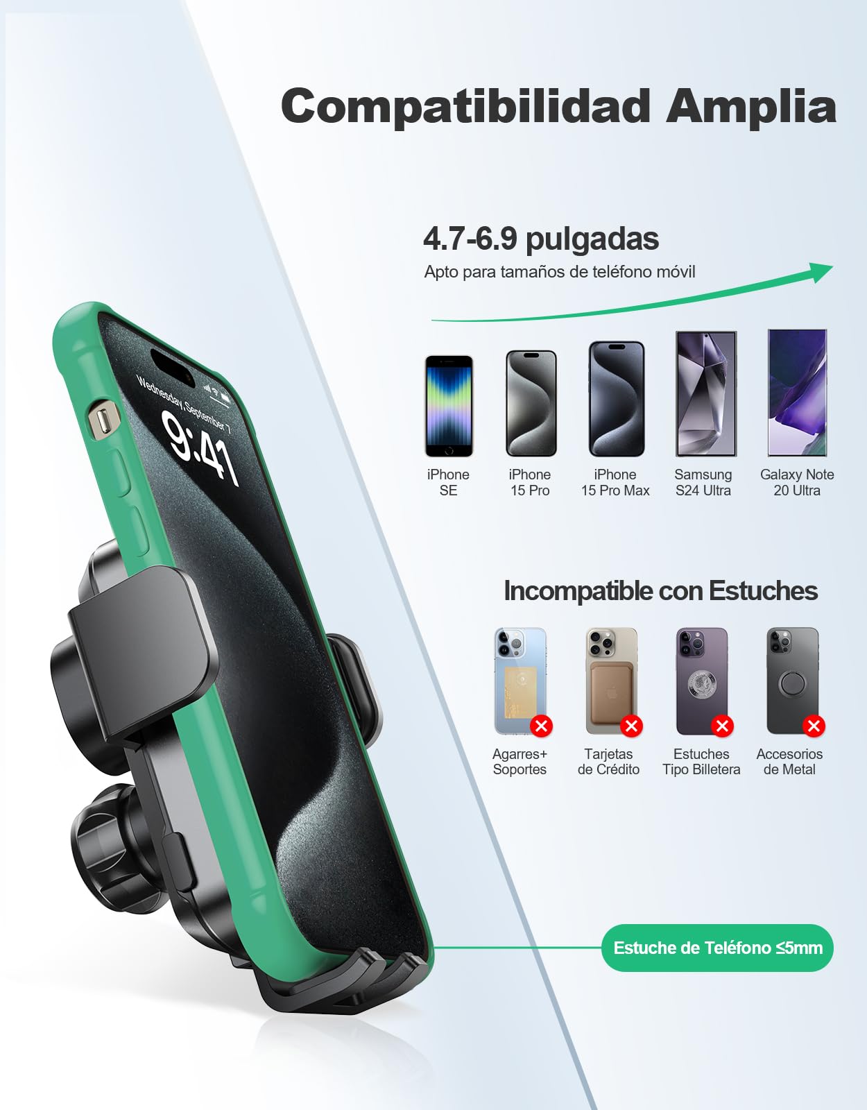Glangeh Cargador Inalambrico Coche, Soporte Movil Coche Salpicadero con Sujeción Automática, Soporte Coche Movil de 15W para Ventilación de Parabrisas y Salpicadero, Compatible con iPhone etc 4.7-6.9"