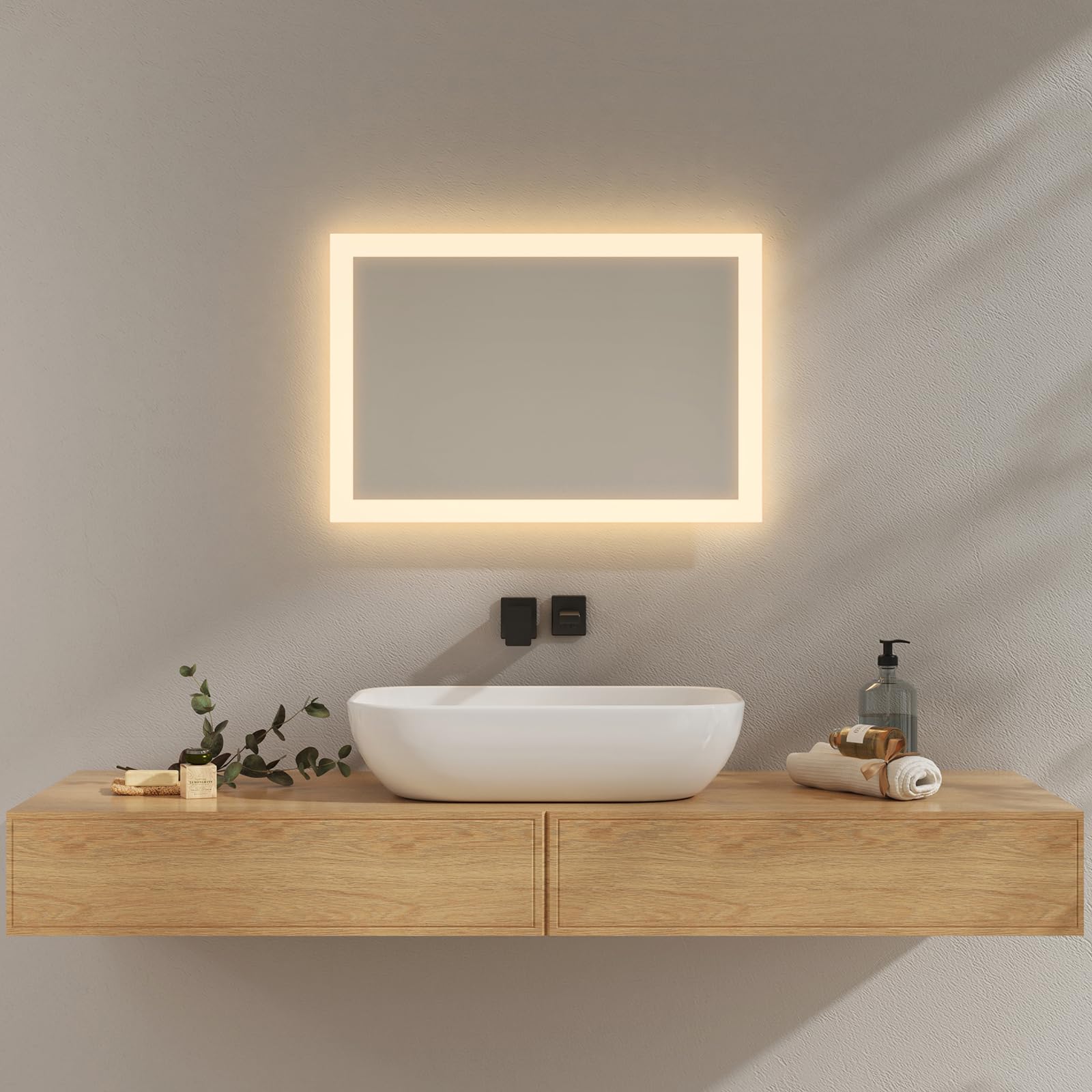 EMKE Espejo Baño con Luz Led 40x60 cm, 3000K Blanco cálido | Espejo de baño LED , Interruptor de Pared, Instalación Vertical/Horizontal, Espejo Anti-explosión IP44, LED Espejo