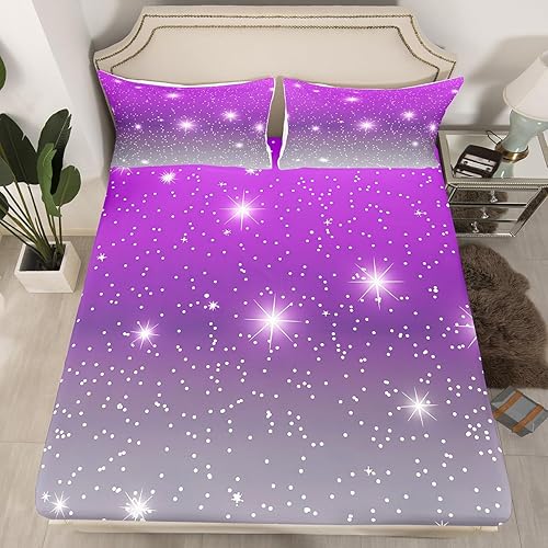 Miniatura 5 de Sábana bajera ajustable con purpurina degradada para niñas de tamaño individual, sábanas de galaxia arcoíris para niños y mujeres, juego de ropa de
