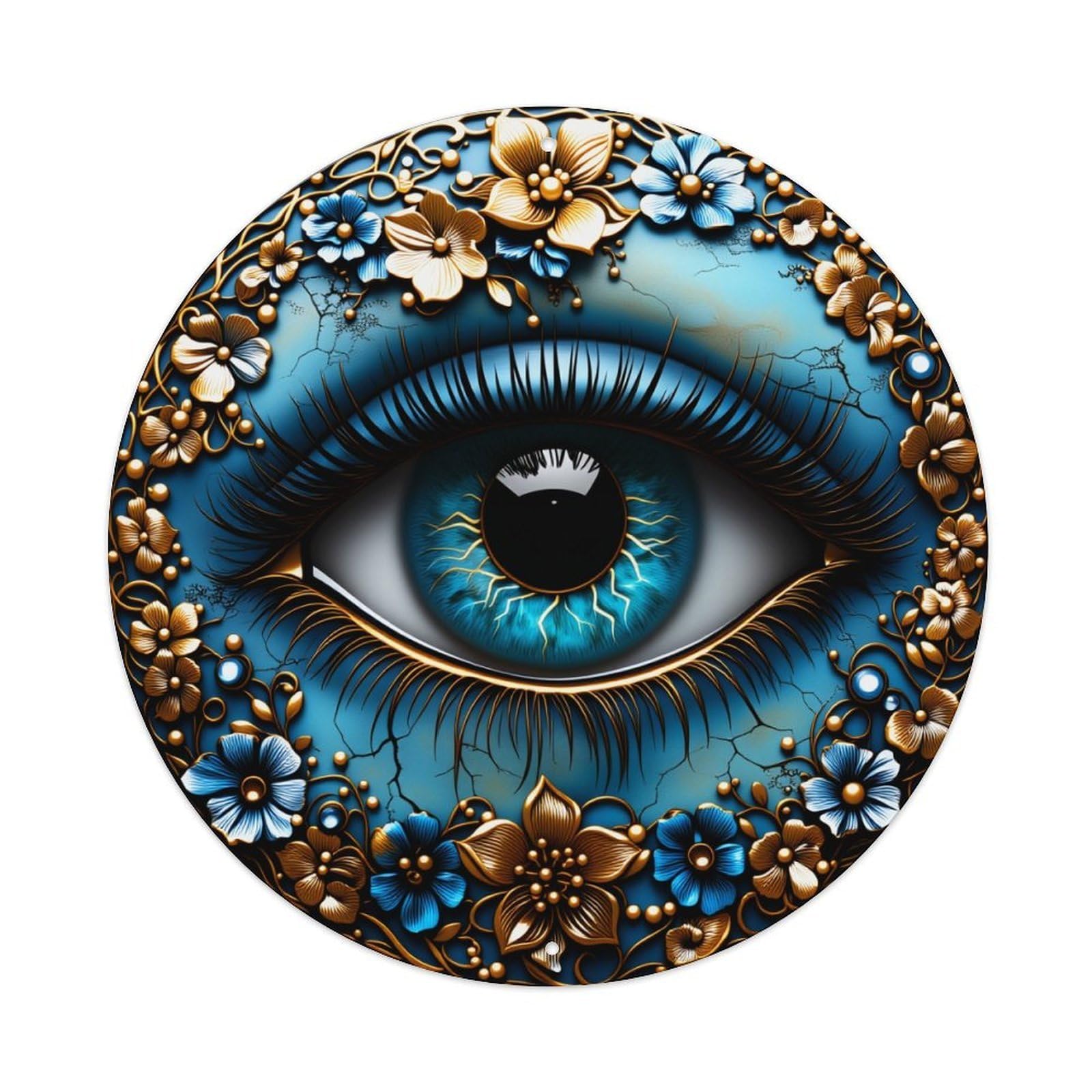 Blue Eye With Golden Flowers And Cracked Texture Round Vintage Tin Sign,Retro Wall Art,Metal Poster for Home, Bar, Garage, Cafe, Rustic Indoor & Outdoor Decor, 8x8 Inches