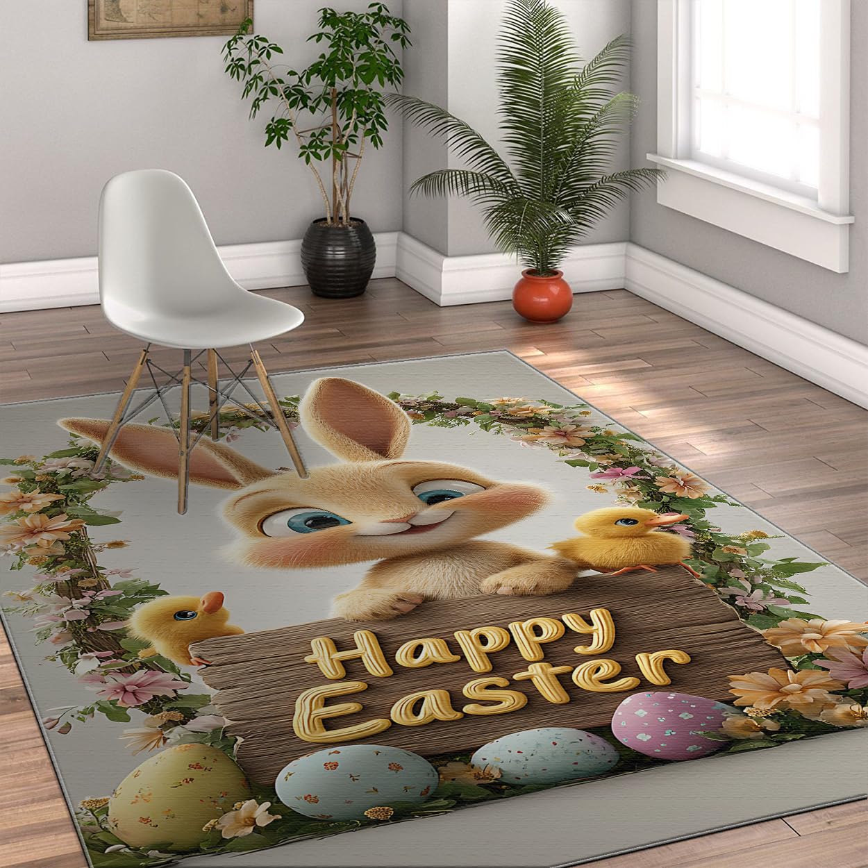 Alfombras Lavables 180x270cm Happy Easter Bunny Alfombra de Cocina para salón Dormitorio Comedor Huevos Florales de Pelo bajo y Vibrantes Estampado de Huevos