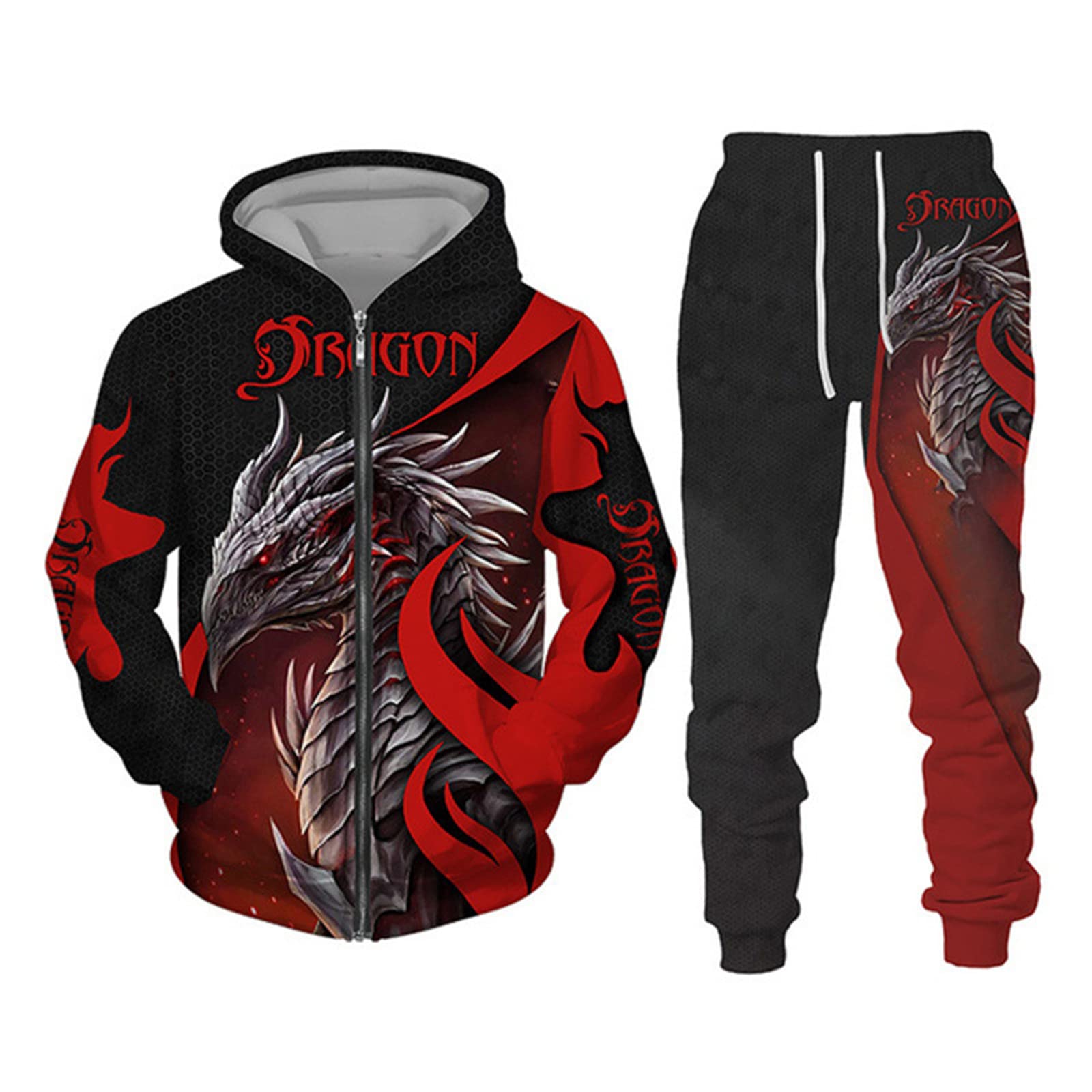 Keephen Men's # 6 Tracksuit Two Piece Set Viking Dragon 3D Printed Zip Up Hoodie And Sweatpants Fashion Casual Sweatshirt Suits