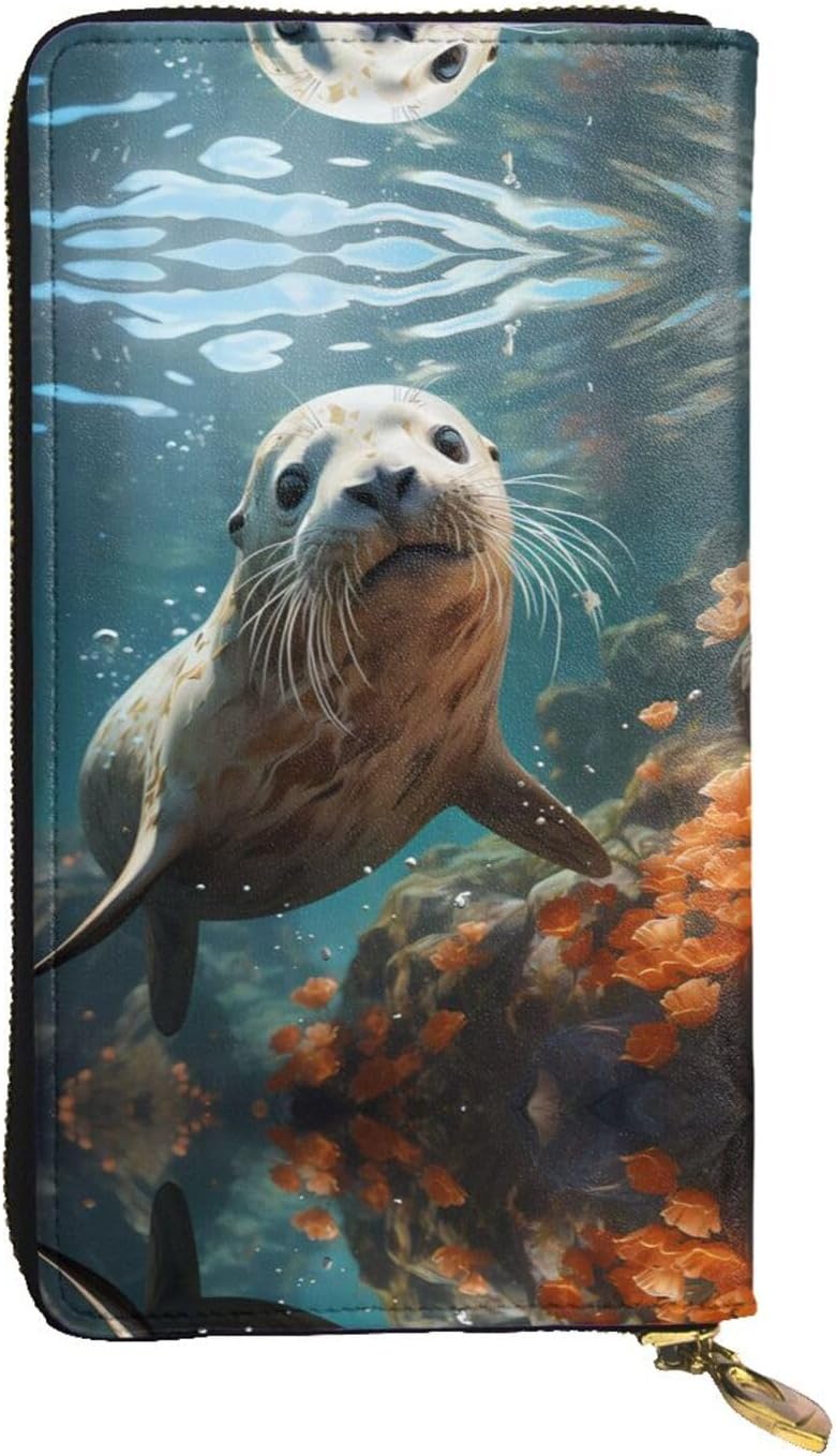 (7.5 * 4.1 inches) Long Clutch Bag, Seal pup in water Zipper Leather Wallet with Multiple Compartments Large Capacity, a Good Gift for Friends