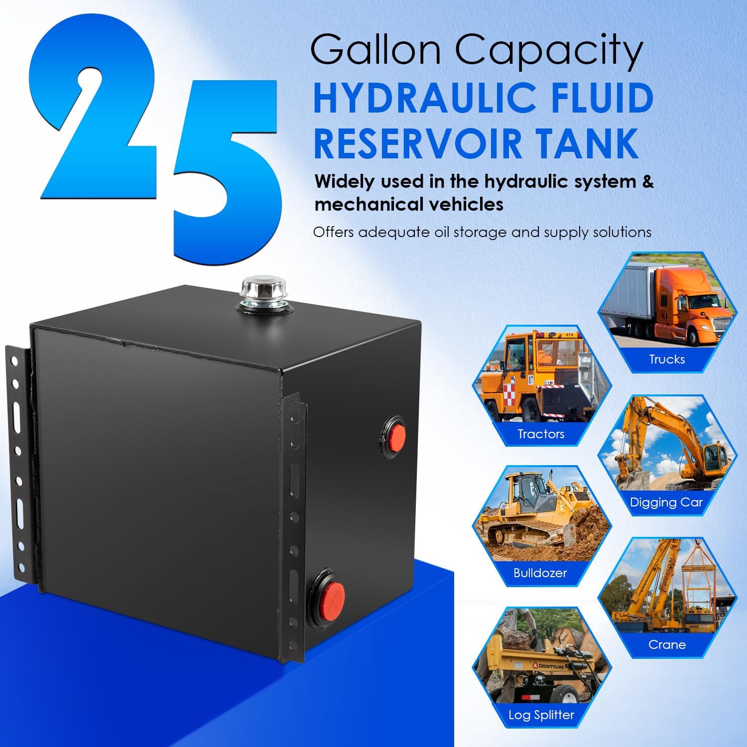 25-Gallon Hydraulic Fluid Reservoir Oil Tank for Tractors, Trucks & Log Splitters w/Breather Strainer Fill Cap, Built-in Temp Gauge & Sight Gauge, Heavy Duty 14 Gauge Steel, Vertical Mount