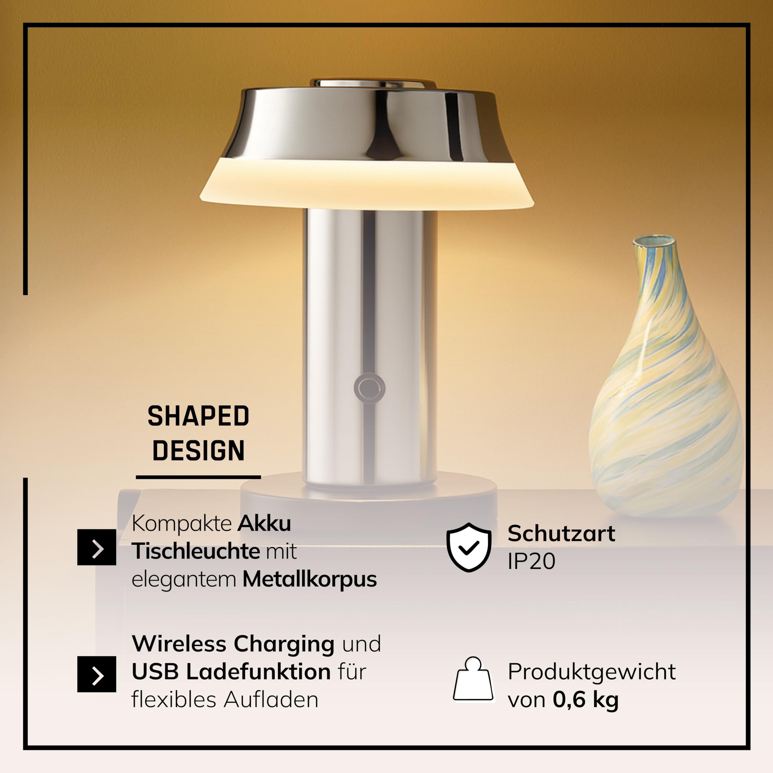 Lightbox LED Akku Tischlampe Chrome - Nachttischlampe Touch dimmbar & kabellos - 2,5W, 240lm, 2700K warmweiß - Wireless Charging