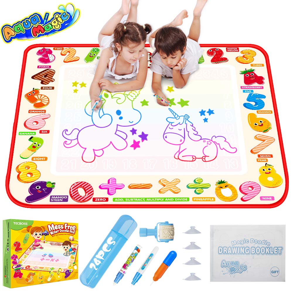 TECBOSS Aqua Magic Mat, Kids Painting Writing Doodle Board Toy, Colorful Water Drawing Pad Mess Free with Magic Pens Educational Girl Toys for Age 1 2 3 4 5 6 Year Old Girls Boys Toddler, Gift Box