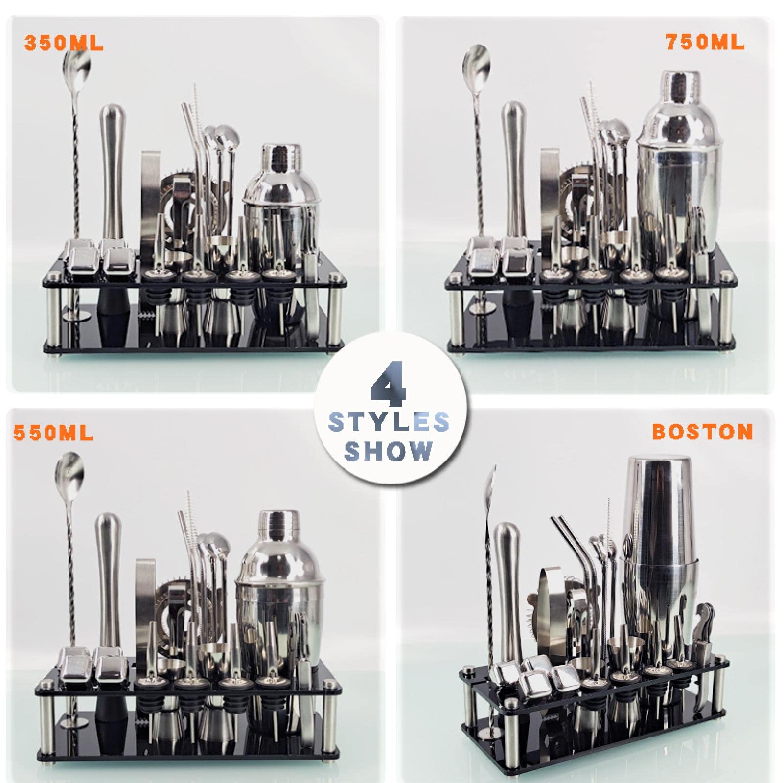 Bartender Set Bartender Kit Juego de coctelera de 16 Piezas de Acero Inoxidable Grano de Hielo Acrílico Soporte para Bebidas Mixtas Bar Herramientas 16-S- (16)