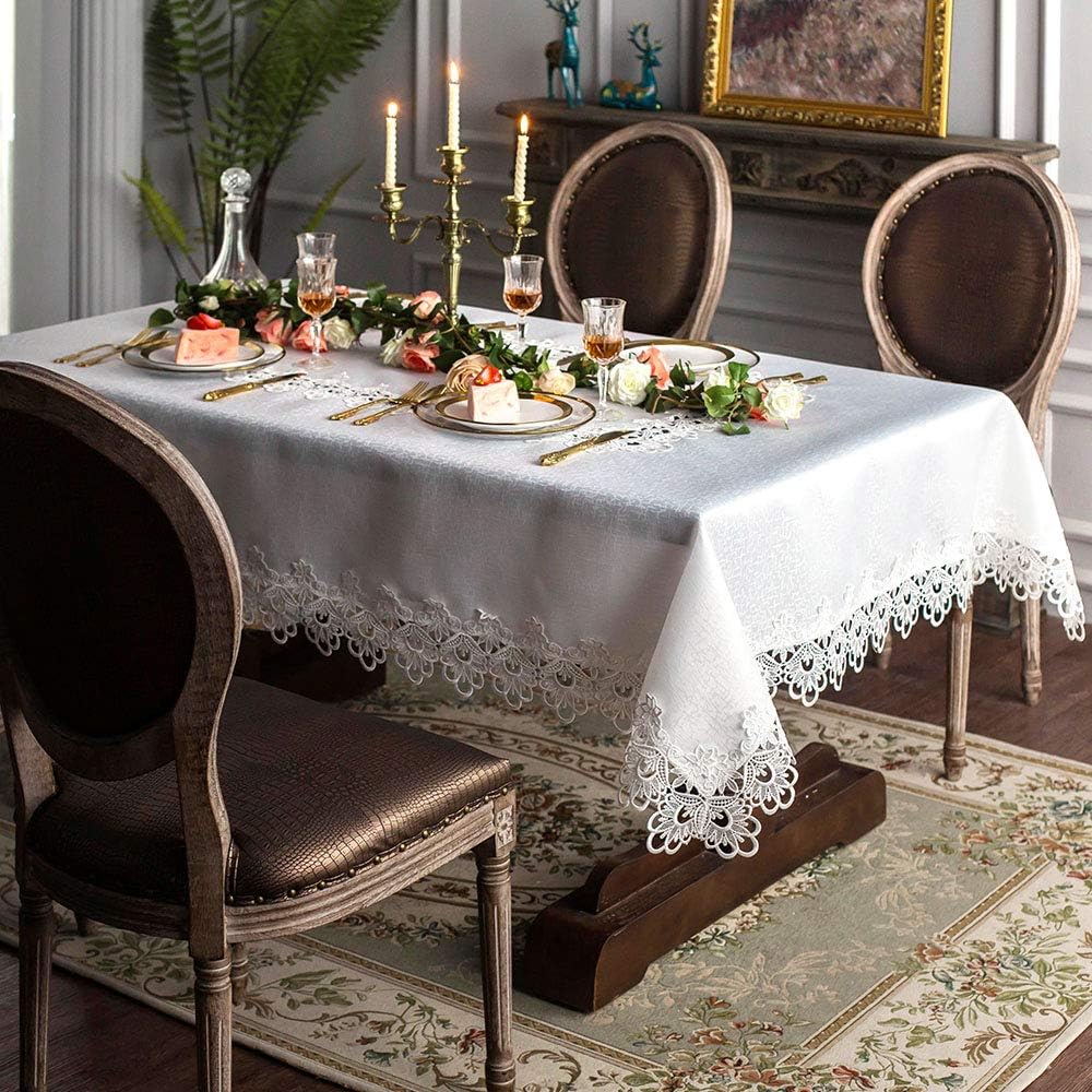 ARTABLE LaceTablecloths with Exquisite Macrame Border Embroidered Kitchen Holidays Fabric Tablecloth(Offwhite-6, 55 x 86 Inch)