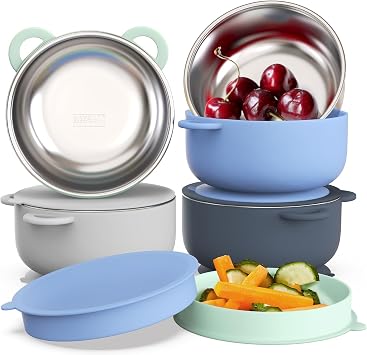 Bakpoco Baby Suction Bowls with Lids 4-Pack, 2-in-1 Stainless Steel 304 Toddler Bowl & Removable Silicone Suction Kids Bowl Plate Set Non Toxic Snack Dishes for Self-Feeding, Ocean Explorer Set
