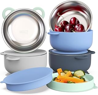 Baby Suction Bowls with Lids 4-Pack, 2-in-1 Stainless Steel 304 Toddler Bowl & Removable Silicone Suction Kids Bowl Plate Set Non Toxic Snack Dishes for Self-Feeding, Ocean Explorer Set