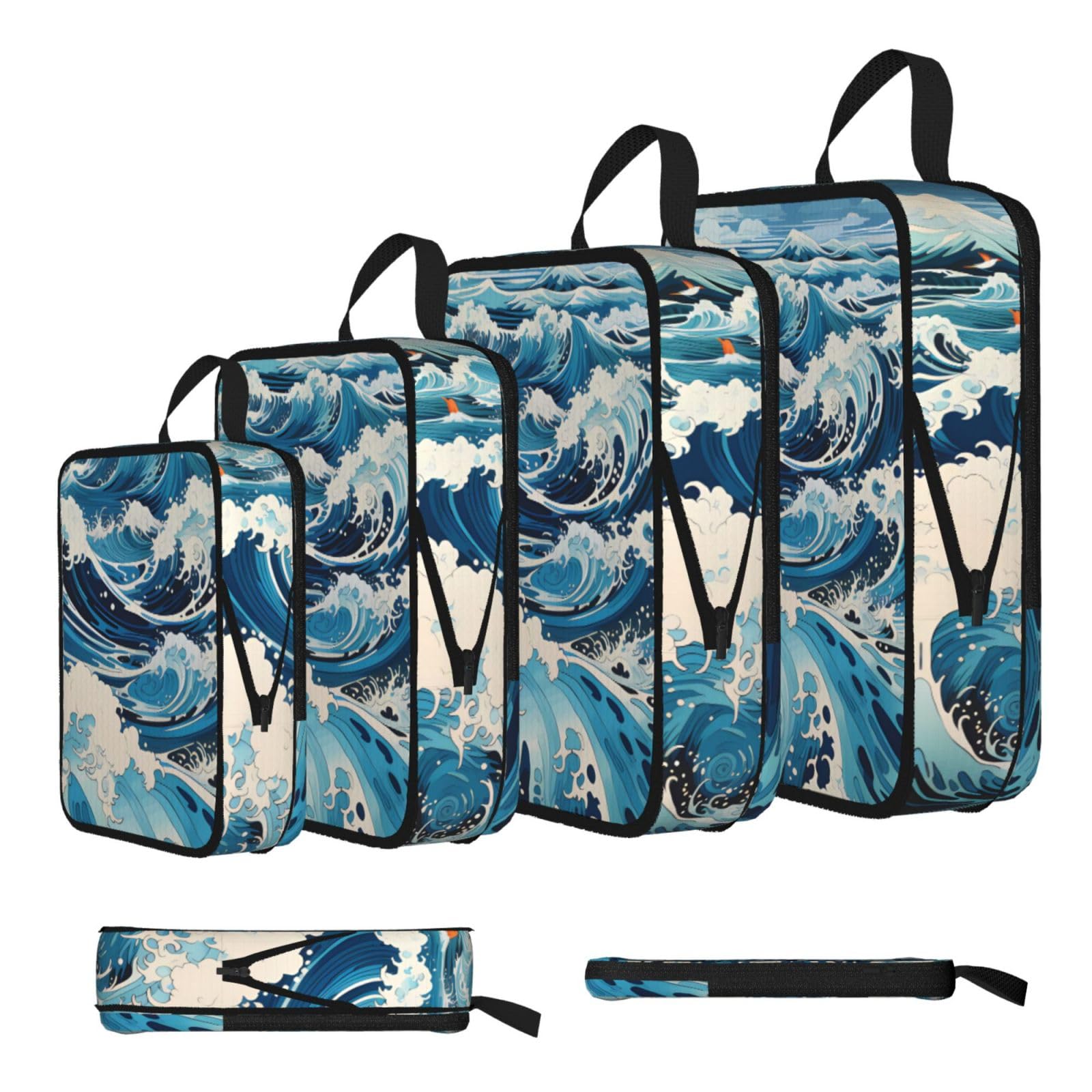 Sxzvvbn Black Ukiyo-E Style Waves Compression Packing Cubes 4 Piece Set