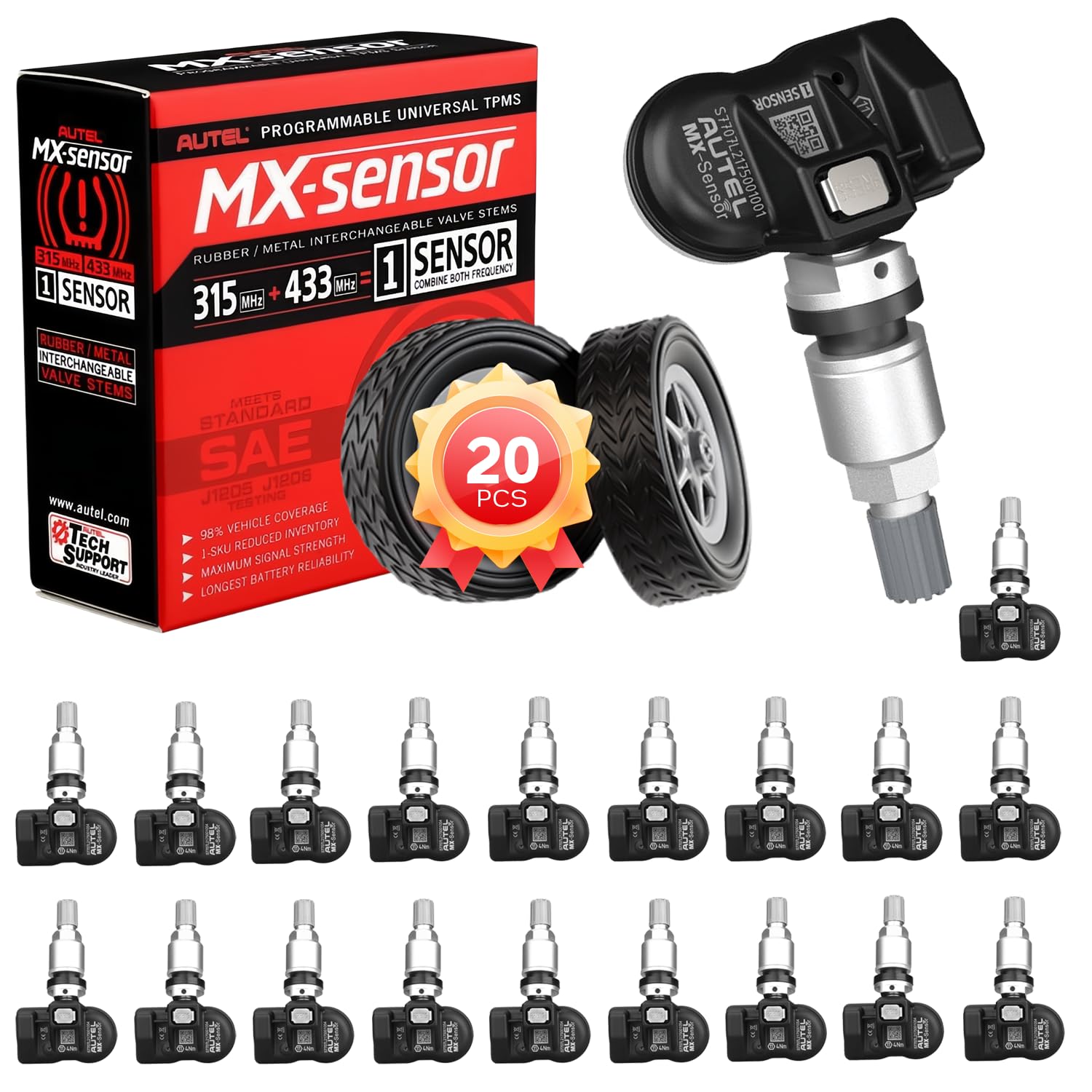 MaxiTPMS MX Sensor 20 PCS Pack Metal Stem 315/433MHz TPMS Sensor Universal Tire Sensor Programmed by TPMS Tool TS401 TS408 TS508 TS601 TS608 MX808TS MS906TS MK808TS ITS600 MS906Pro-TS