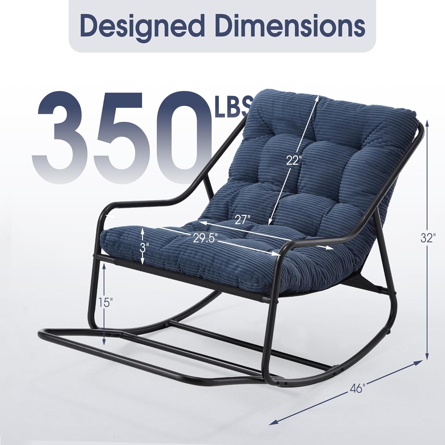 Oversized Rocking Chair, Cozy Papasan Chair with Thick Cushion-Wrapped Frame for Outdoor & Indoor – Heavy Duty Steel Frame, Max 350lbs, Navy