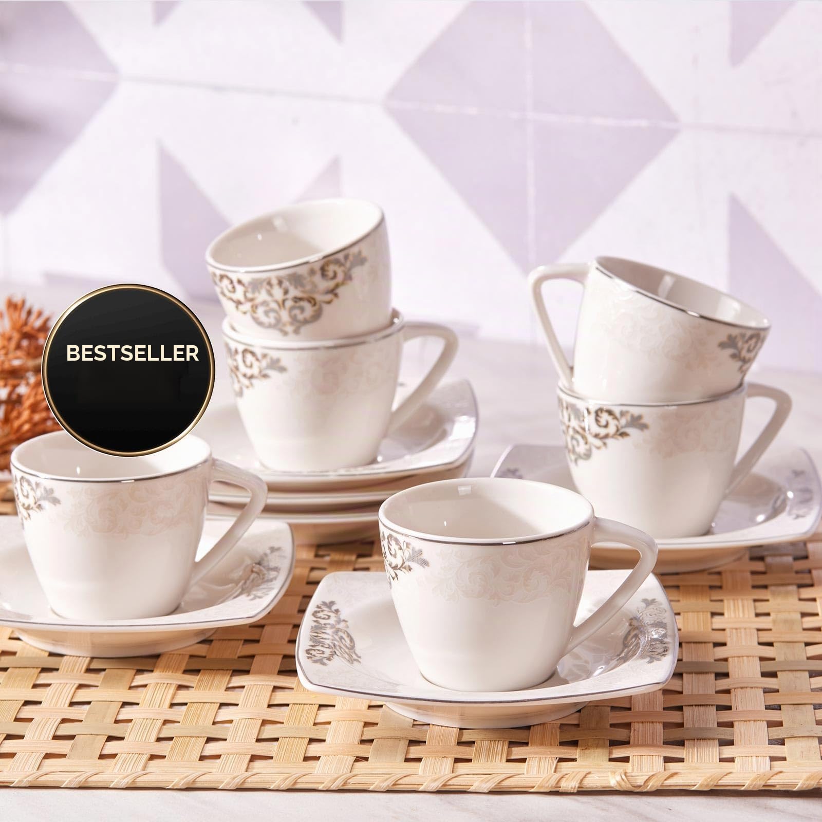 KARACA Nazende Porzellan Espressotassen Set - 80 ml Türkische Kaffeetassen mit Untertassen 12-teilig Kaffeeservice Modern mit 6 x Kaffeetasse & 6 x Untertasse, Mokkatassen - Weiß