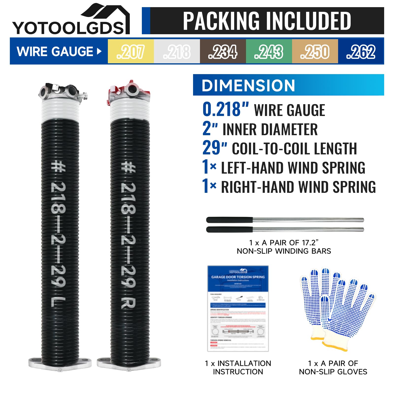 YoToolGDS Pair of 2" Garage Door Torsion Springs Set with Non-Slip Winding Bars & Gloves, High Precision Electrophoresis Oil-Free Black Coated for Replacement, MIN 16,000 Cycles (0.218x 2" x 29'')