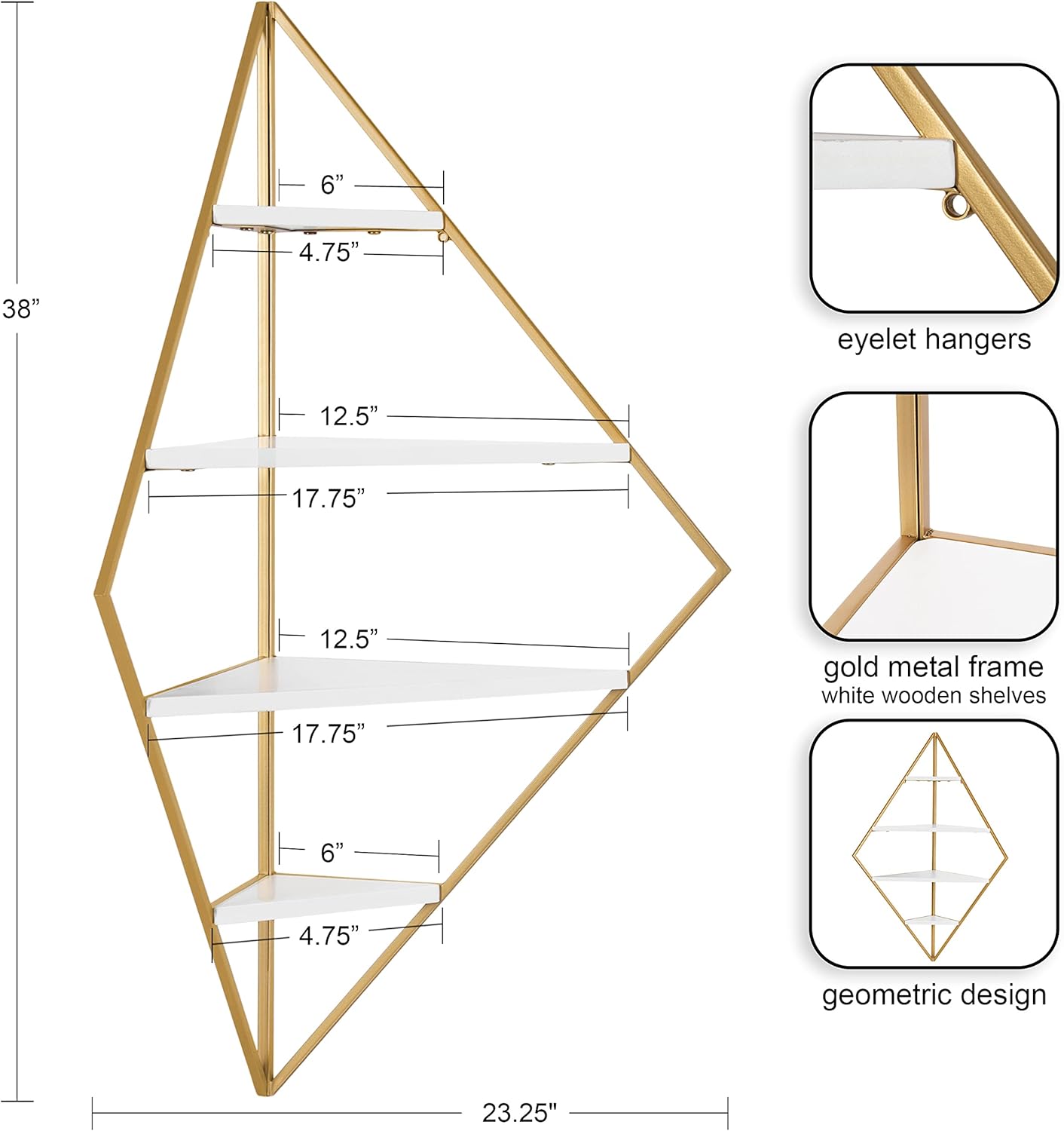 Kate and Laurel Melora Modern Glam Corner Shelf; 24 x 17 x 38; White and Gold; Glamorous Floating Corner Shelving with Four Shelves and Unique Geometric Shape