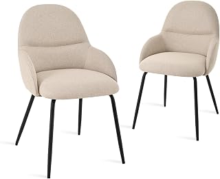Juego de 2 Sillas de Comedor con Respaldo, Tapizadas en Lino Beige, Diseño Contemporáneo con Estructura Metálica Robusta, Perfectas para Cocina y Salón