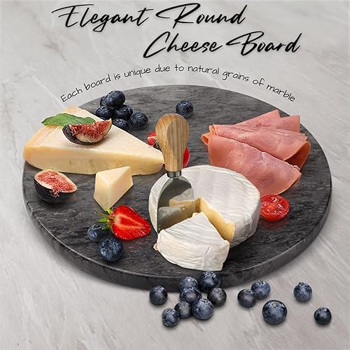 Miniatura 2 de Flexzion Tabla redonda de queso de mármol  Tabla de servir gris de 12 pulgadas para embutidos, queso, corte, pasteles, salvamanteles  antiadherente
