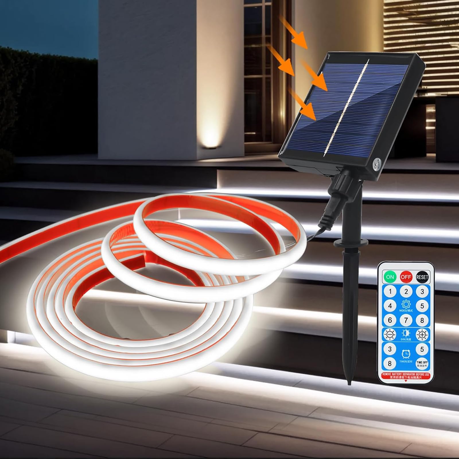 KISUFU 12V Solar Powered Cob Strip Lights Outdoor IP68 Waterproof, 320 LED Strip Light with Remote, 8 Modes Strip Lights for Cabinet Stair Patio Walkway Decor (White, 5m)