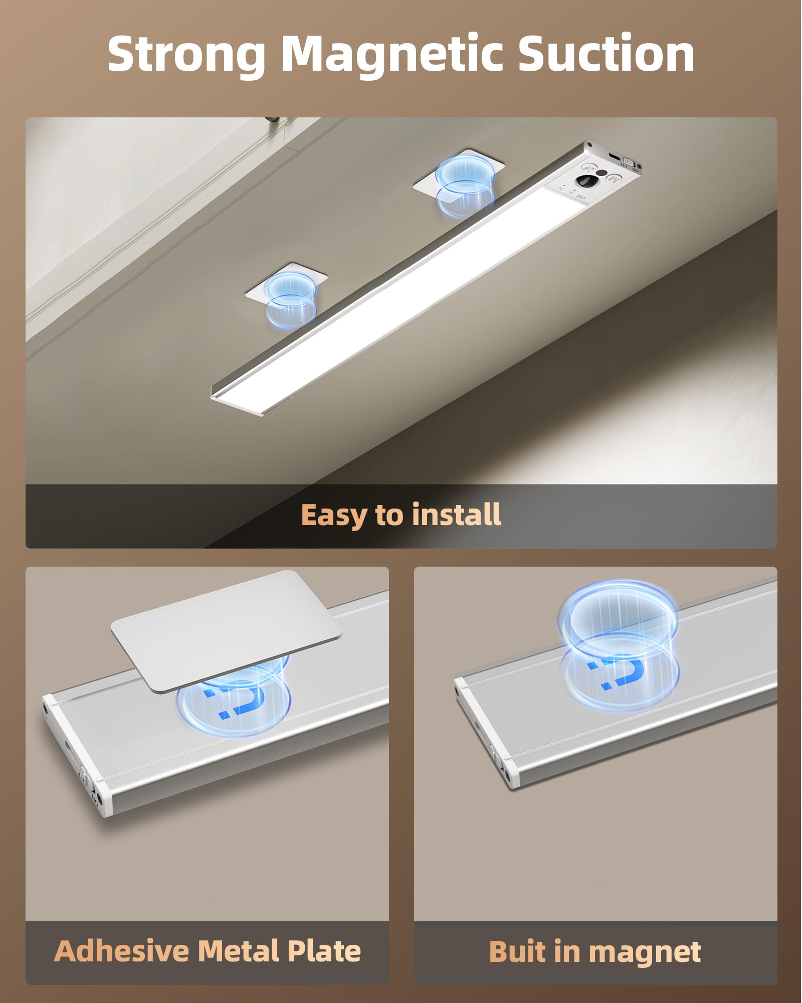 EZVALO Confezione da 4 luci sotto armadi, ricaricabili da 4000 mAh, con sensore di movimento per interni, dimmerabili e 3 temperature di colore, luci magnetiche per armadio, luci wireless sotto il