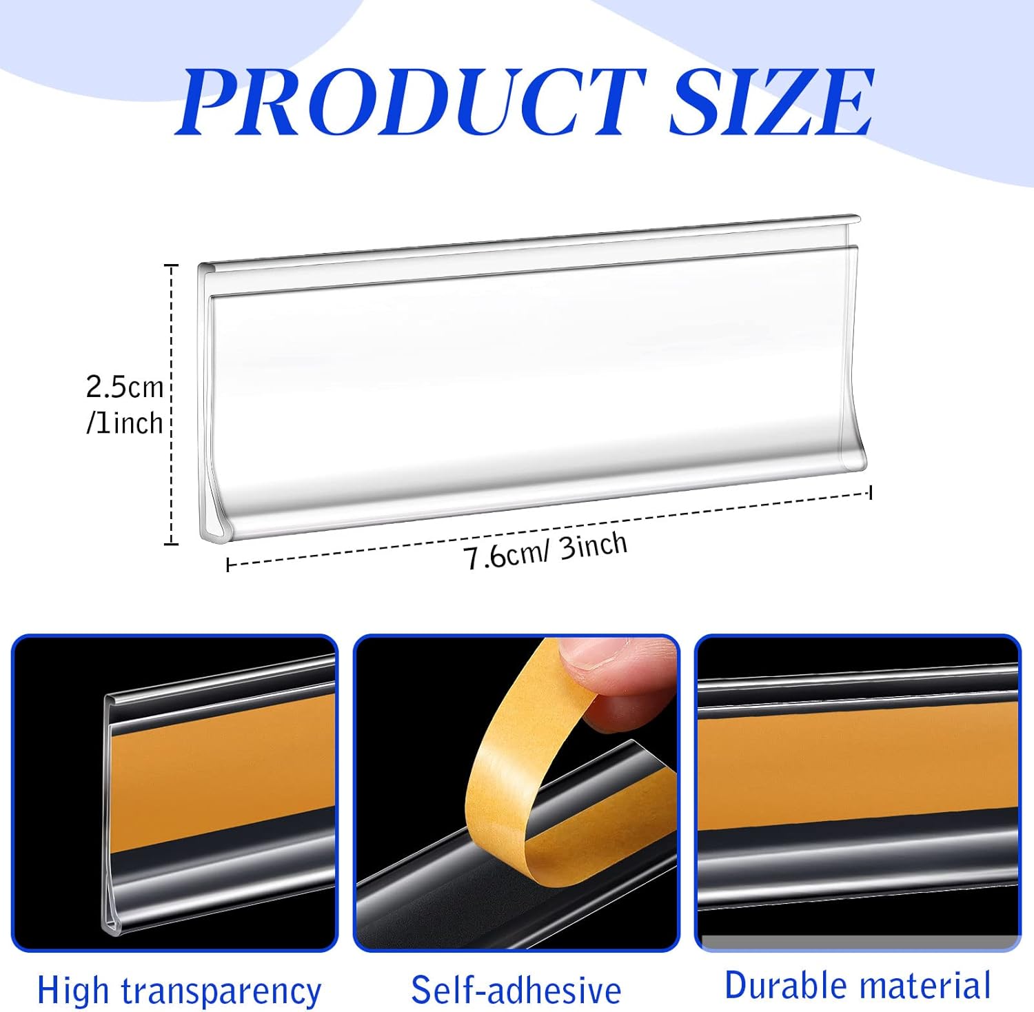 Yexiya 300 Pieces Label Holder Self Adhesive Clear Pocket 3 x 1 Inch Plastic Shelf Tag Sticking Price Label Holders with Paper Inserts for Supermarket School Library Bookshelves Mailbox Storage Bins