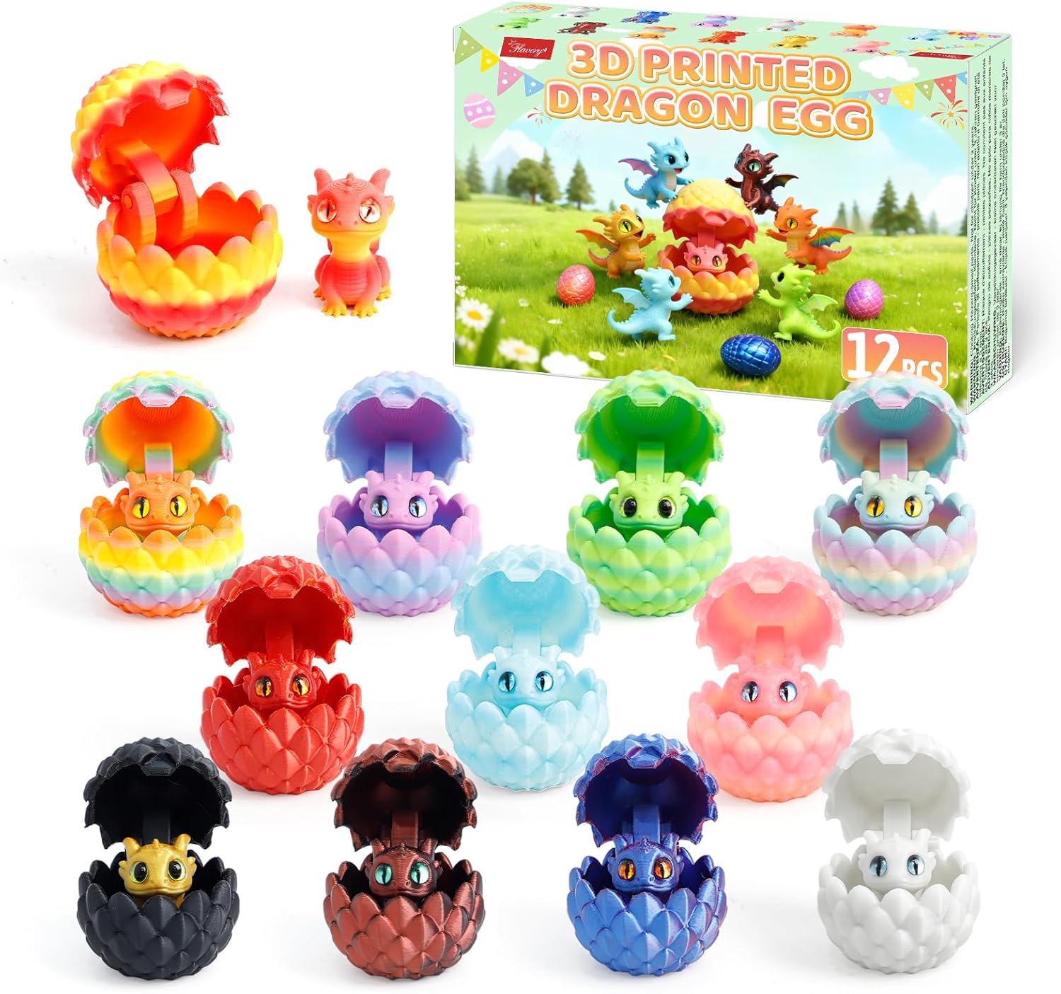 3D Printed Dragon Eggs with Hinges - 12 PCS, Mini Christmas Stocking Stuffers, Cute Graduation Birthday Gift, Collectibles for Adults&Teens, Fidget Animals, Desk Pets (Multicolor)