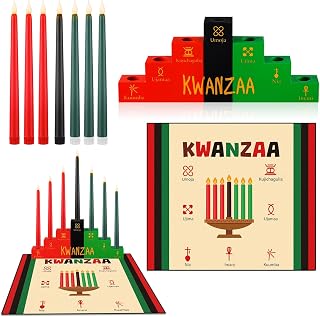 9 Pcs Kwanzaa Kinara Set Include 7 Kwanzaa LED Candles, Flameless Battery Powered Electric Candles, 1 Wooden Kinara Candle Holder, 1 Mkeka Mat Decorations