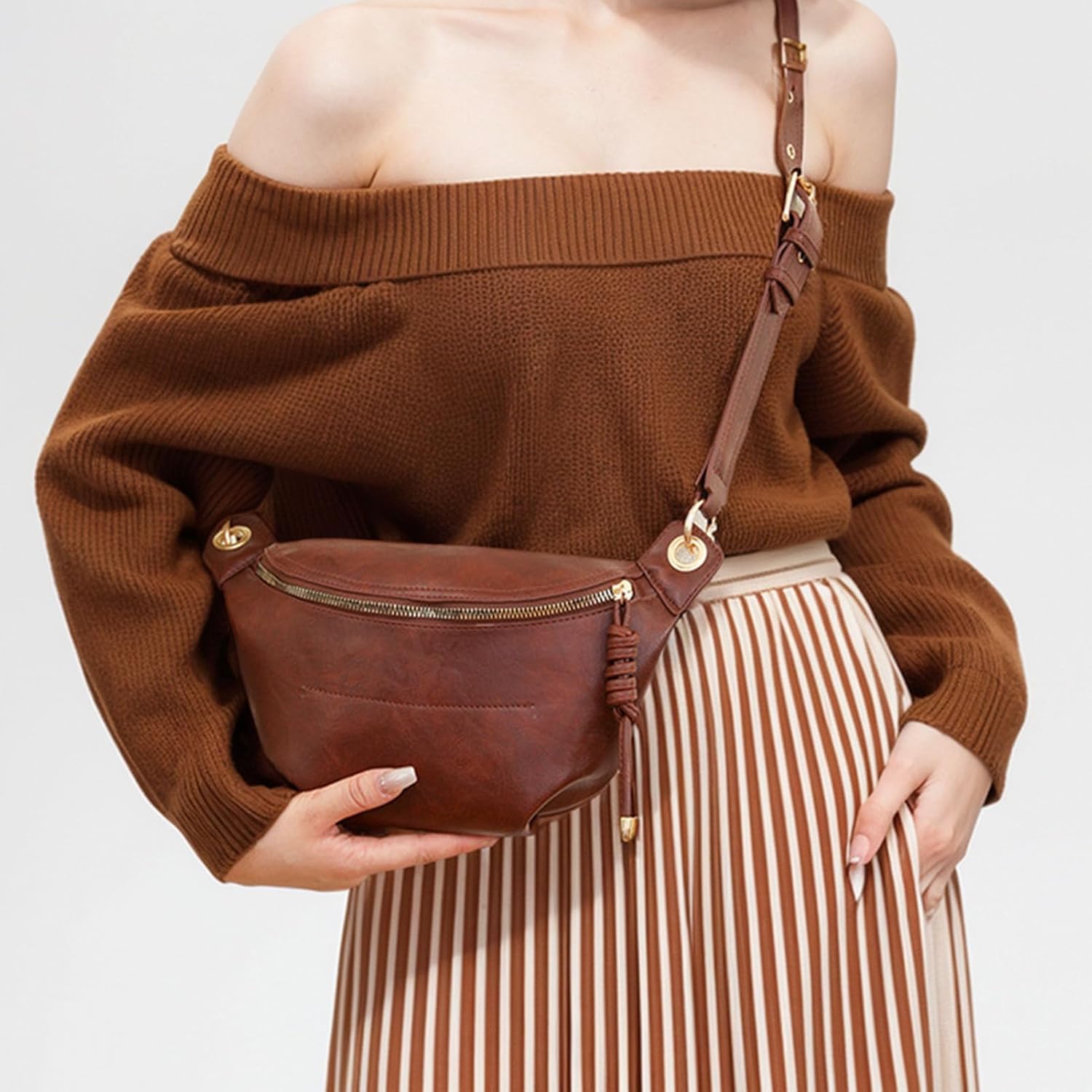 PU Leather Fanny Pack Crossbody Sling Bag for Women - Trendy Belt Bag with Adjustable Strap, Lightweight for Travel Daily Use (Brown) - Image 9