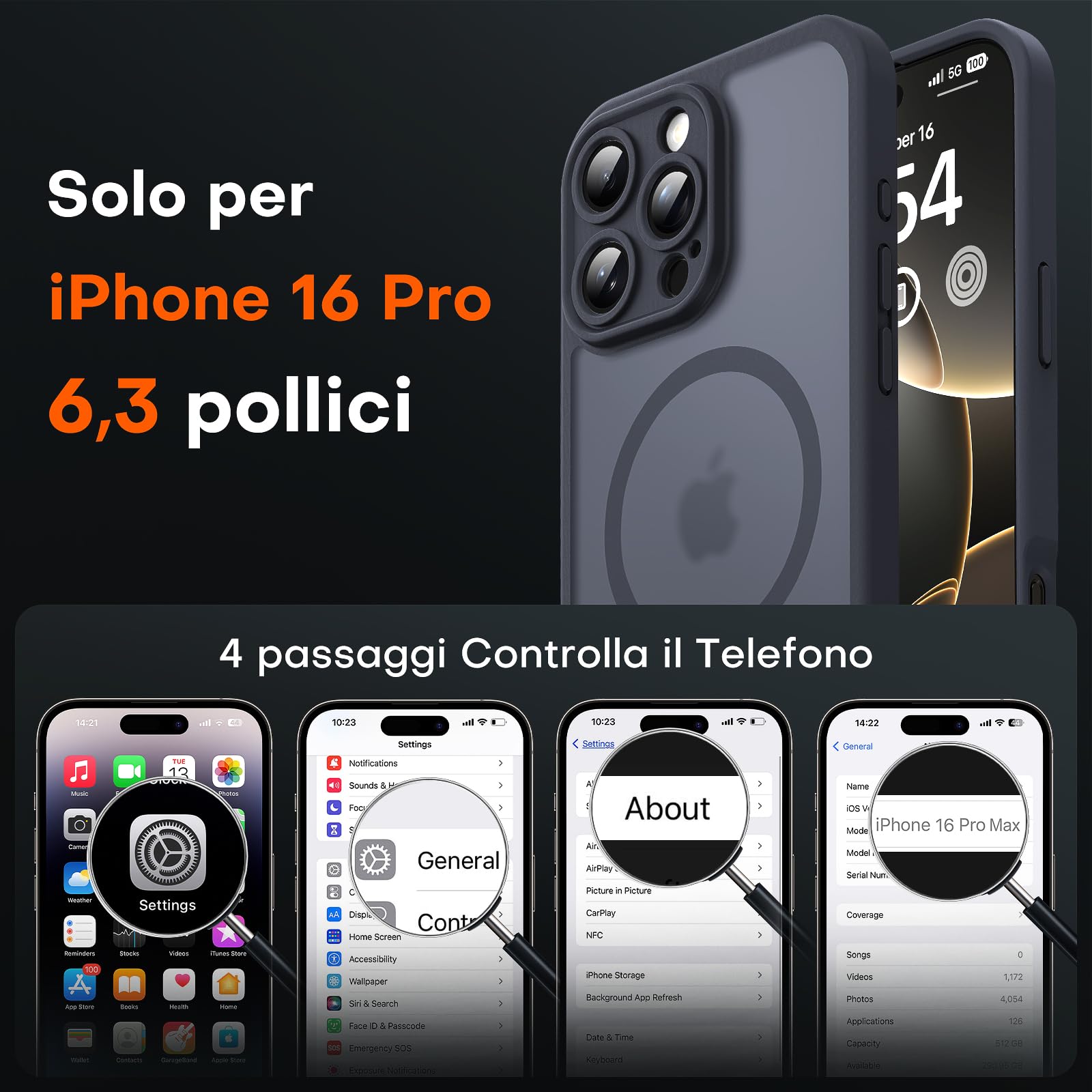 TOCOL Cover Magnetica per iPhone 16 Pro 6,3 Pollic, Compatibile con MagSafe, Protezione Fotocamera Integrata, Custodia Antiurto Traslucida Opaca, Nero