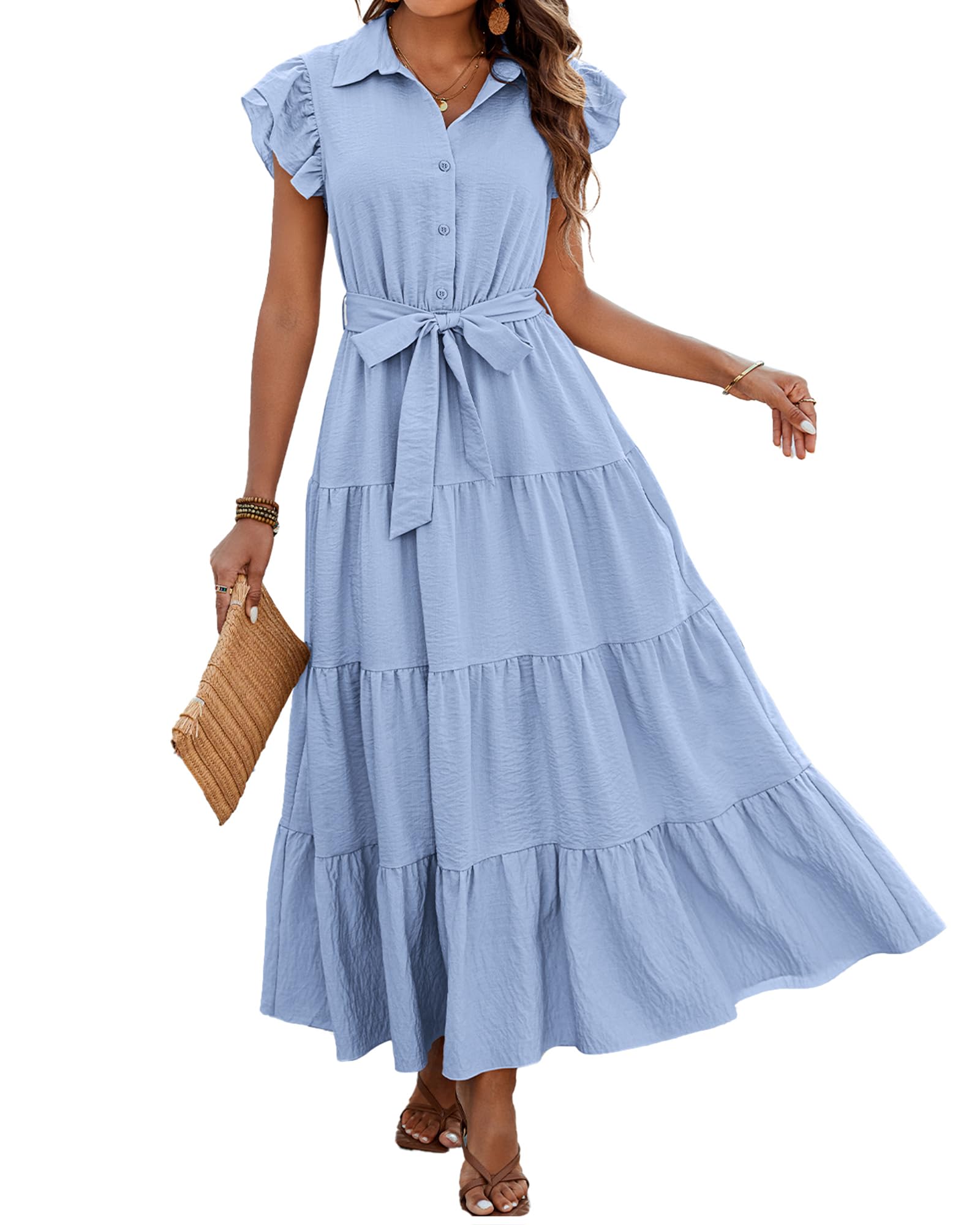 dowerme Women's Summer Casual Dresses 2026 Cap Ruffle Sleeve V Neck Button Belted Tiered Boho Maxi Dress with Pockets