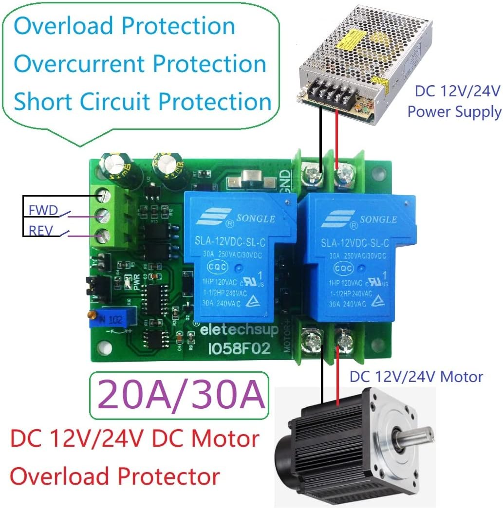 Wiring diagram for the eletechsup motor protector, showing connections to DC power supply and DC motor.