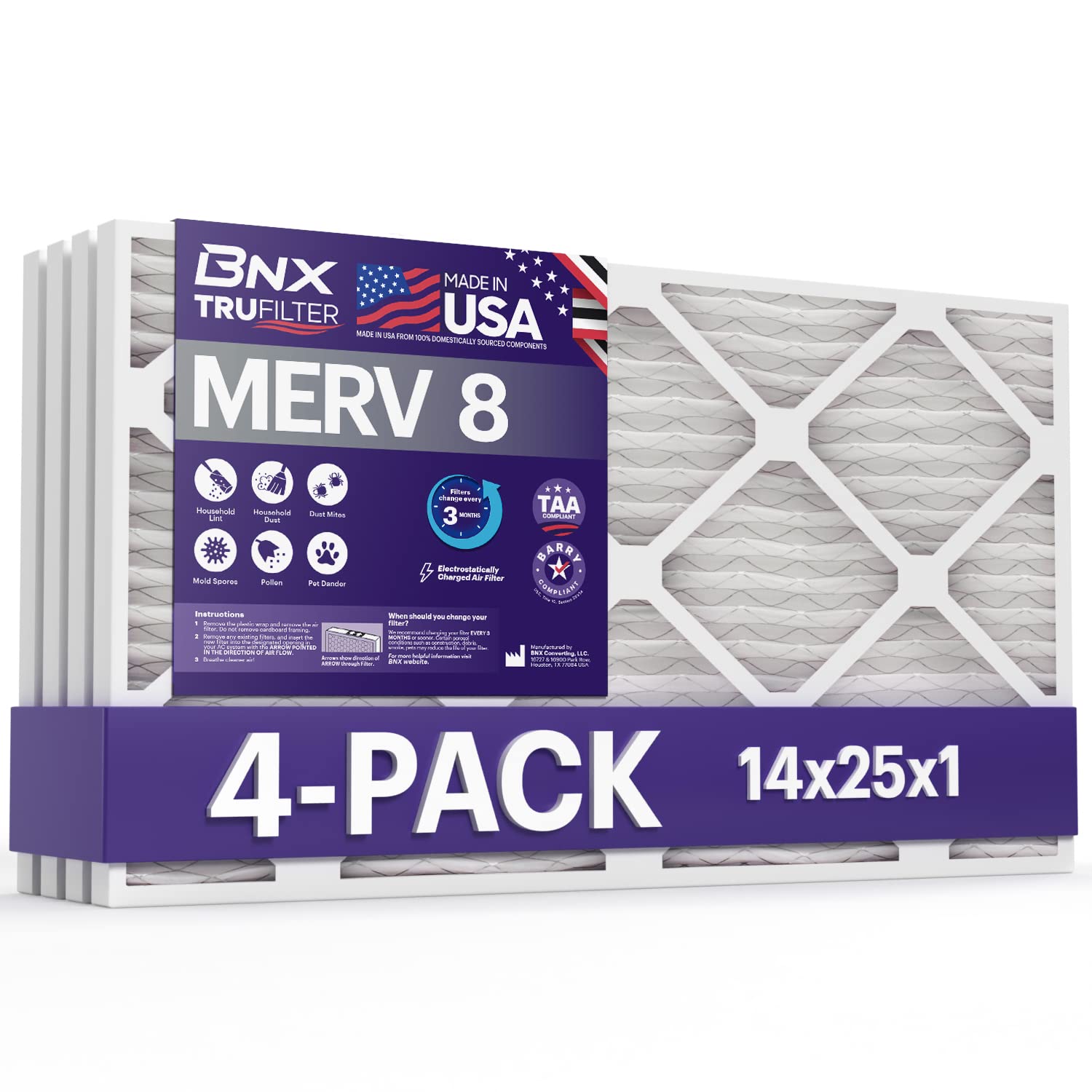 BNX TruFilter 14x25x1 Air Filter MERV 8 (4 Pack) - MADE IN USA – Dust &amp; Pet Defense Electrostatic Pleated Air Conditioner HVAC AC Furnace Filters for Dust, Pet, Mold, Pollen MPR 600 – 700 &amp; FPR 5