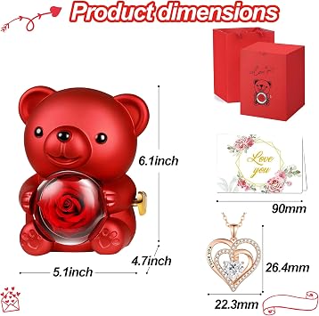 Valentines Gifts for Her, Romantic Teddy Bear Preserved Rose Gift with Necklace for Women Girls, Eternal Flower Rose Gift Box for Valentines Mothers Day Anniversary Day Birthday