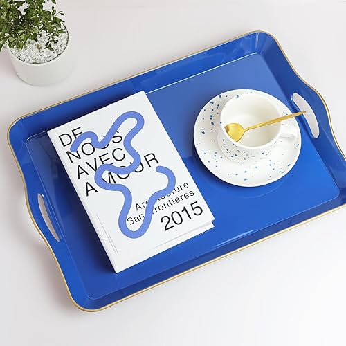 Miniatura 6 de Spsyrine Bandeja grande azul para servir con asas, bandeja decorativa de plástico para mesa de café, otomana, baño, decoración del hogar 17.3 x 11.8