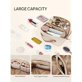 Telena Leather Make Up Bag Portable Travel Makeup Bag Waterproof Cosmetic Bags for Women Large Capacity With Handle and Divider Open Flat