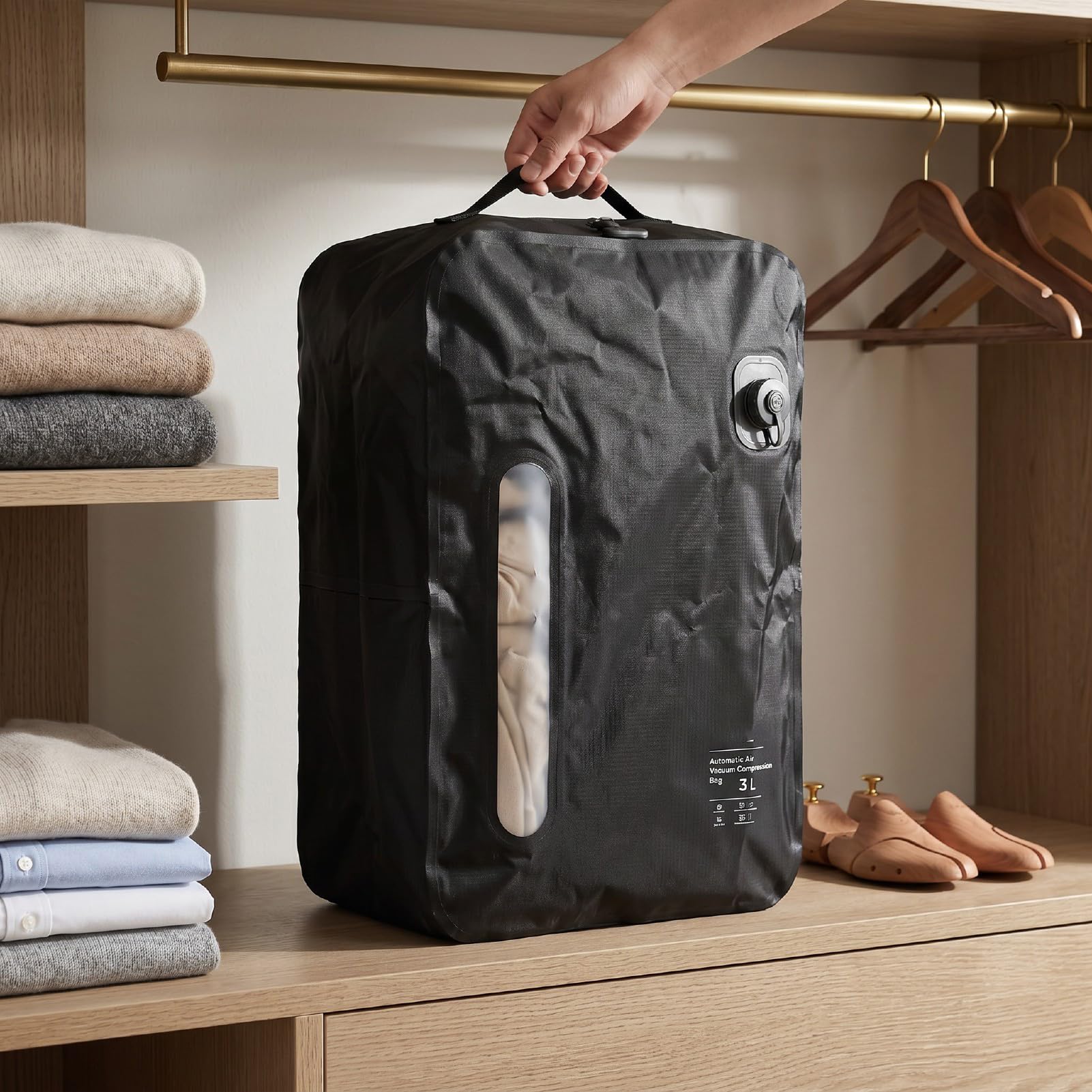 banapoy 35L Vakuumbeutel für Reisen, Wiederverwendbarer Vakuum-Kompressions-Reisebeutel, Automatisch Pumpende Vakuumbeutel, Vakuum-Aufbewahrungsbeutel für Handgepäck, Reiserucksack (BLACK)
