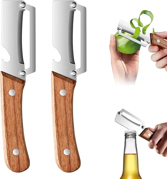 2 en 1 Éplucheur & Ouvre-Bouteille Multifonctionnel Éplucheur de Cuisine avec Lame en Acier Inoxydable Ultra-Tranchante Poignée en Bois Anti-Dérapante pour Légumes Fruits Citrouille Pommes de Terre - 1