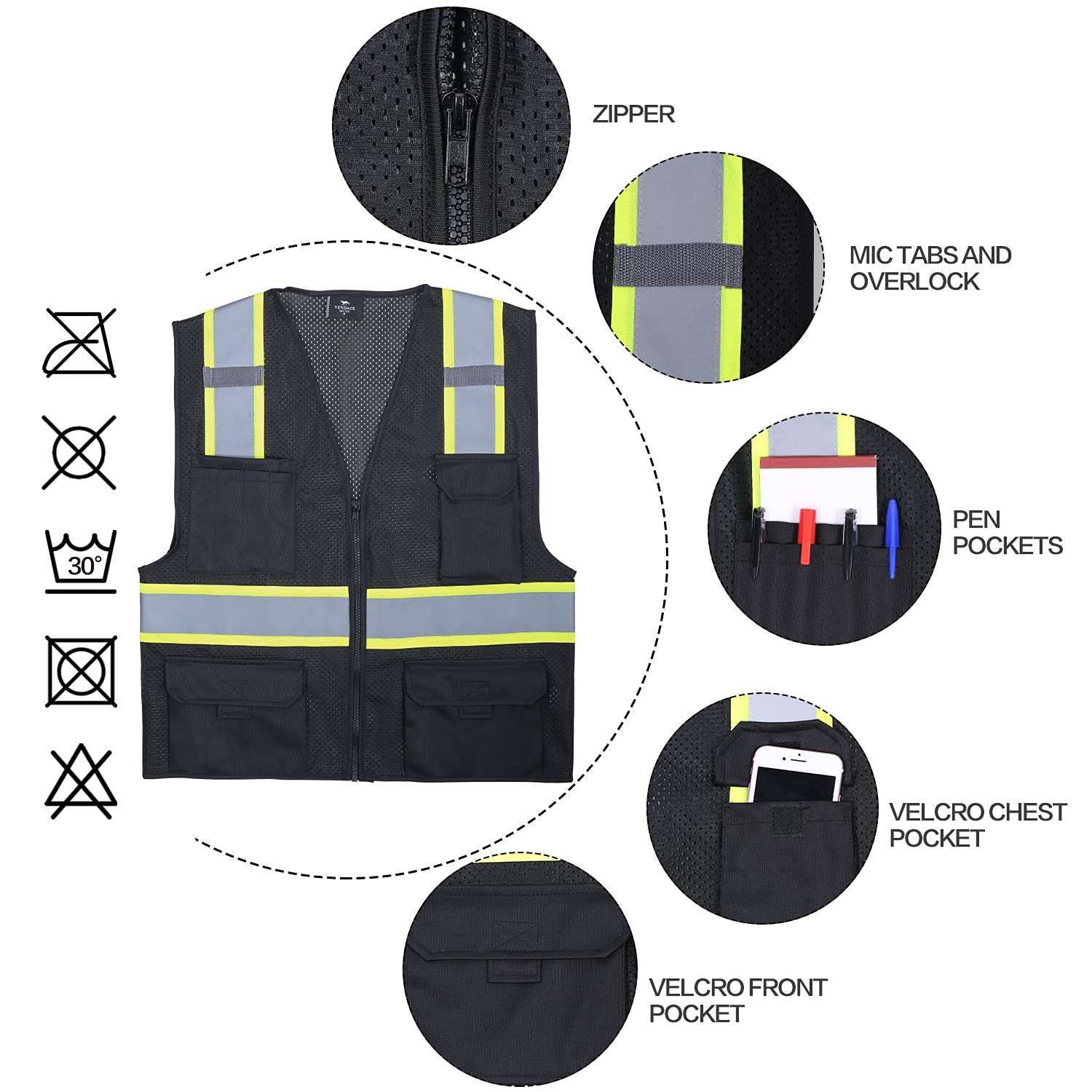 VENDACE Chaleco de malla reflectante de seguridad Hi Vis para hombre, chaleco de alta visibilidad ANSI clase 2, con 8 bolsillos y cierre