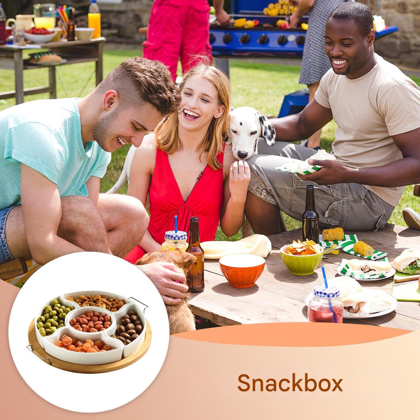 Giratorio De Snacks Fuente de frutas con dispensador extraíble de 5 | Bandeja de servir giratoria dividida con asa Frutas, chips y dip para , picnics, camping y Navidad