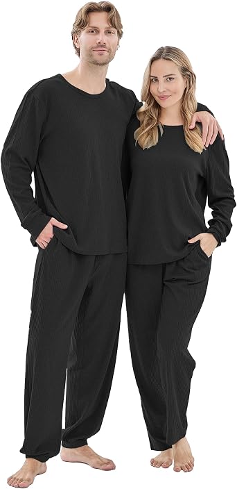 PJGGZ Ribbed Knit Matching Pajamas for Couples - Soft Cozy Pjs Long Sleeve Top & Wide Pant Sleepwear | Home & Lounge