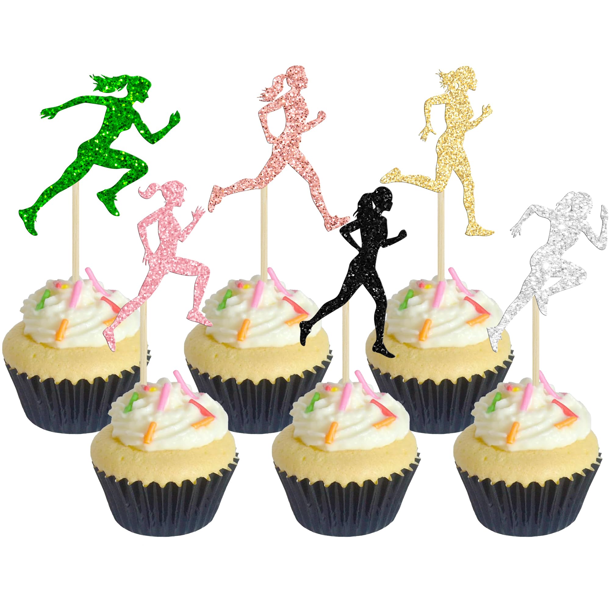 Ephlyn 30Pcs Running Cupcake Toppers Glitter Women Sports Fitness Run Cupcake Picks for Running Theme Girls Marathon Birthday Party Cake Decorations Supplies Pink