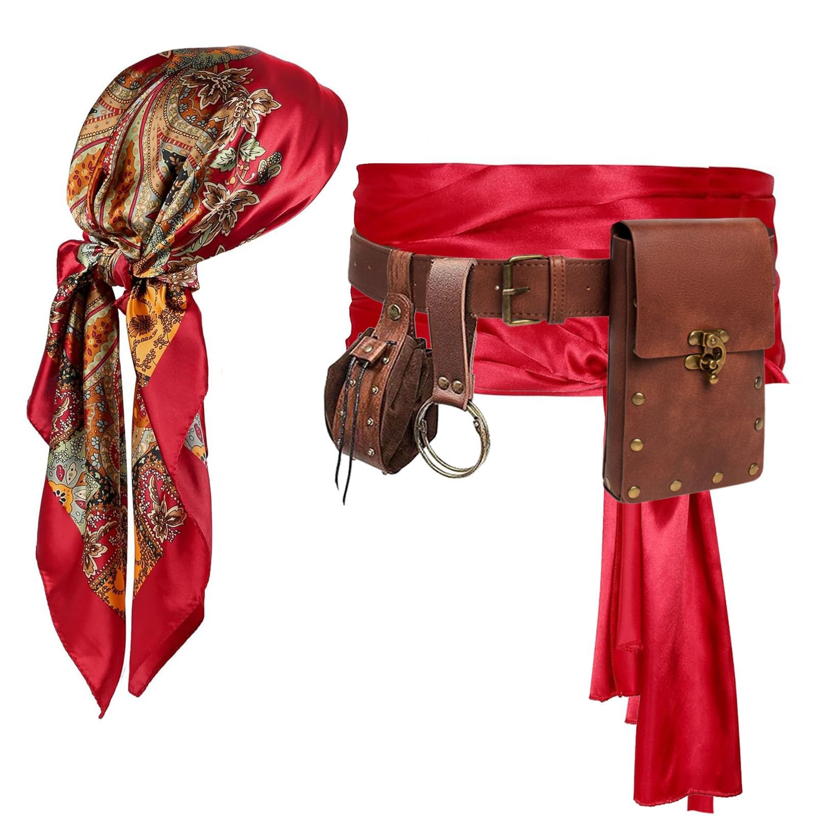 KOTORA Pirate Costume Pirate Head Scarf Bandanas Belt Waist Sash Medieval Belt Pouch Coin Purse Leather Hook Festival Sets (Pattern-Red 2Pouch) — image 1