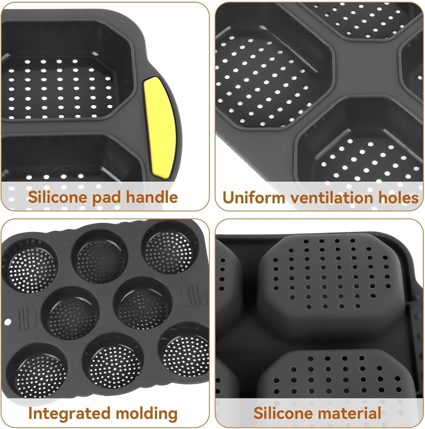 Hamburger Bun Pan, Silicone Hamburger Bun Mold and Silicone Pan 8 Cavity loaf pan Non Stick Baking Pan Perforated Hamburger Bun Mold Baking Pan for Homemade Buns